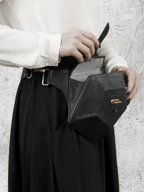 PENTAGON Black Leather Belt bag by HANDS OF OIZO - Designer Accessories