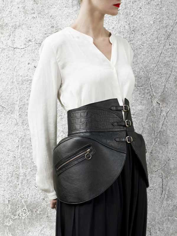 Black Leather PANNIERS Waist Belt by HANDS OF OIZO - Designer Accessories