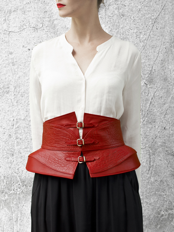 SOBEK Red Leather Waist belt by HANDS OF OIZO - Designer Accessories