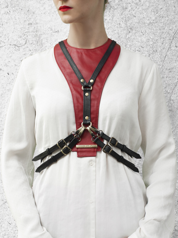 CAVALCADE Red Leather Harness Dickey by HANDS OF OIZO - Designer Accessories