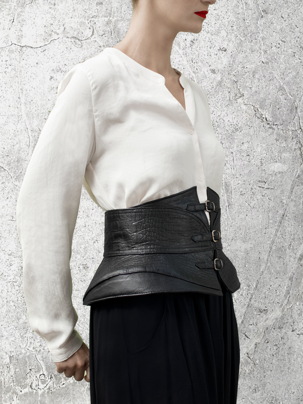SOBEK Black Leather Waist belt by HANDS OF OIZO - Designer Accessories