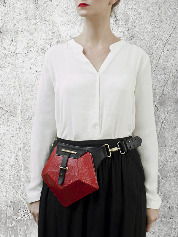 PENTAGON Red Leather Belt bag by HANDS OF OIZO - Designer Accessories